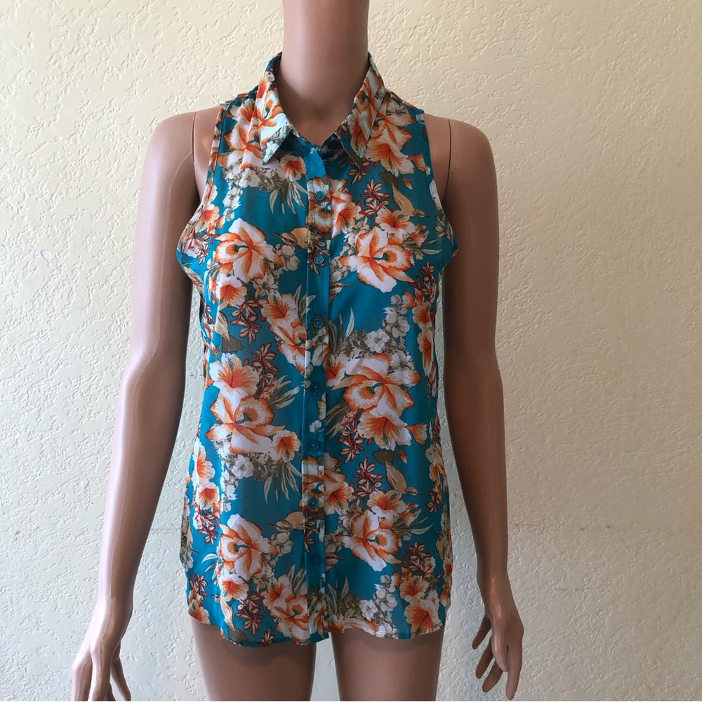 Ambiance Apparel Sleeveless Blouse Women’s Size M Green Floral Chiffon Button-Up